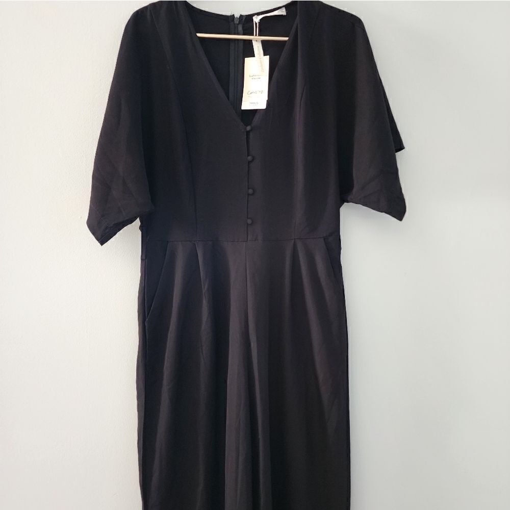 MNG Mango Womens Low V Neck Jumpsuit Black Size Medium Side Zip No Belt